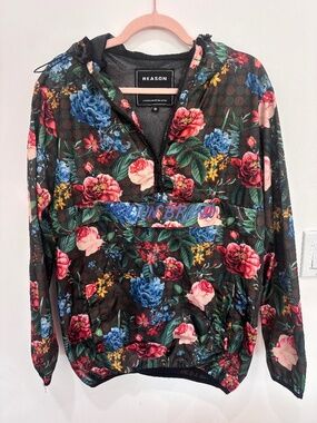 Reason Brand Floral Windbreaker Men Medium Black Rose Half Zip Pullover Jacket